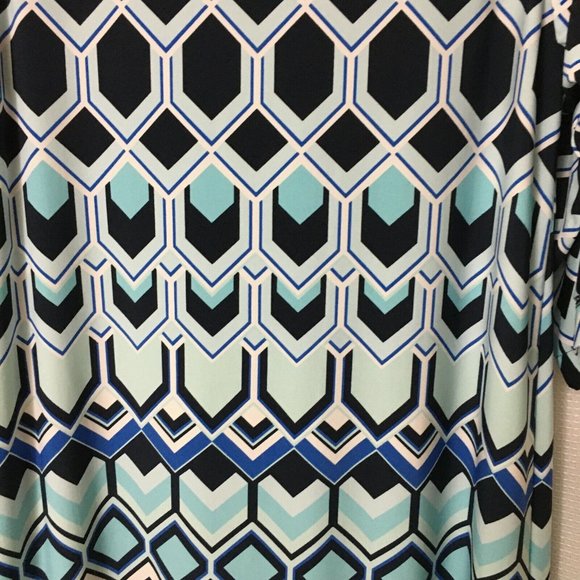 Chico's Knit Stretch Dress 1 Aqua Navy Blue White Geometric Work Church D1 - Picture 4 of 8